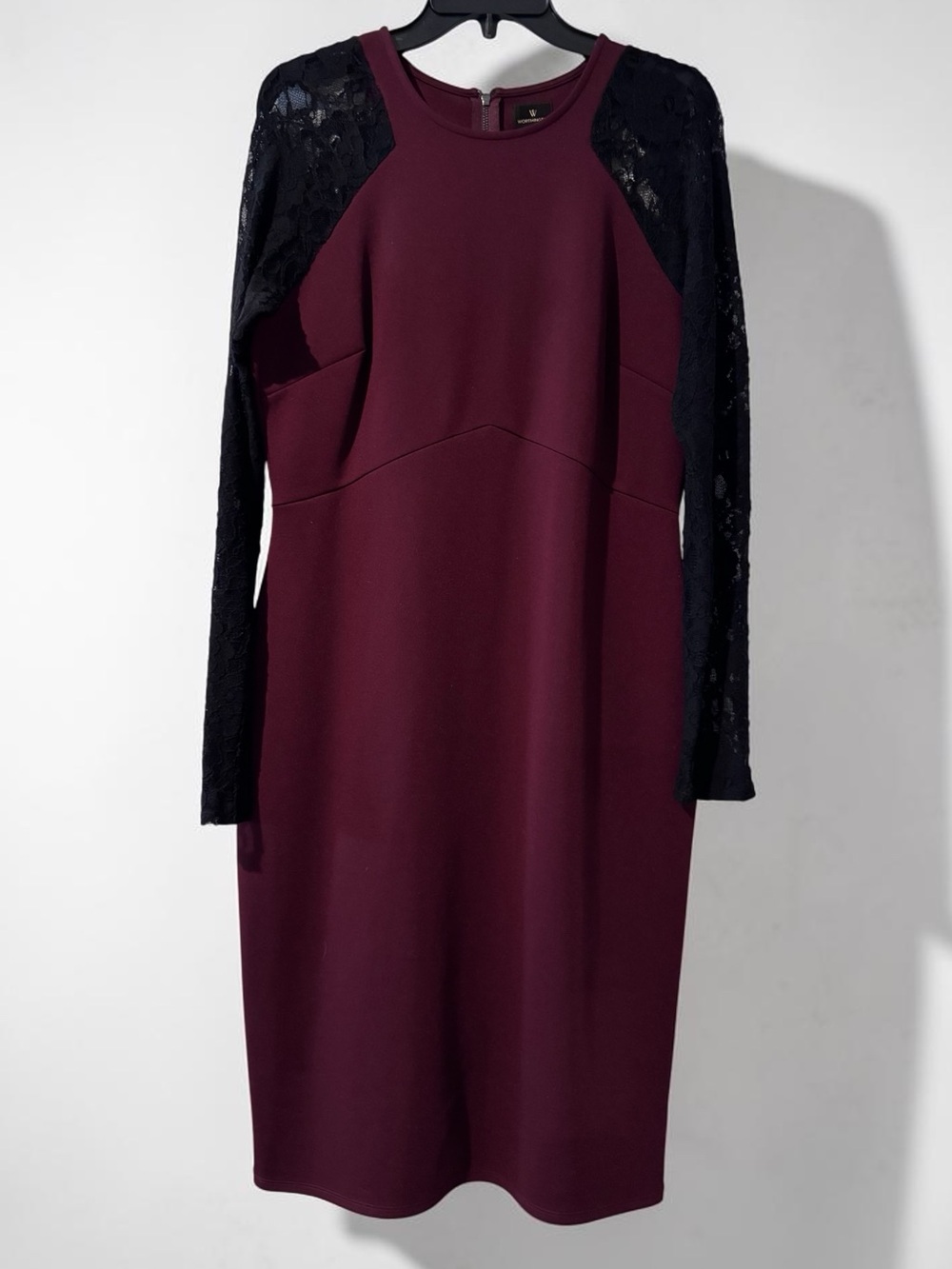 WORTHINGTON Burgundy Maroon Dress Black Lace Sleeves Midi